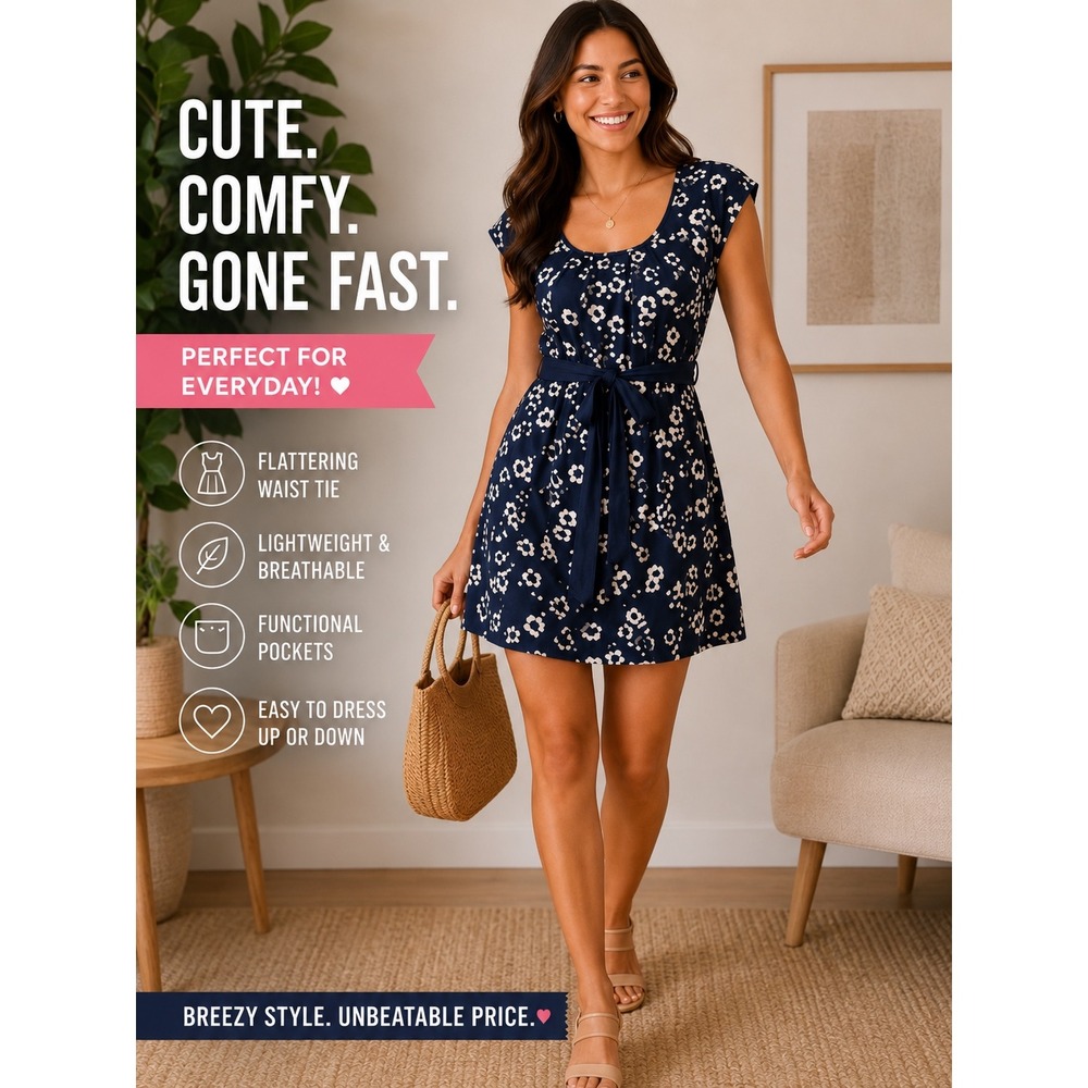 Ann Taylor LOFT Navy Blue White Floral Fit Flare Dress‎ with Pockets Size 2